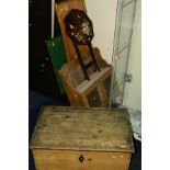 A 19TH CENTURY PINE BLANKET CHEST, together with a pine hanging bookcase, pine ironing board,