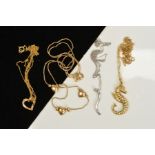 FOUR PENDANT, to include a seahorse pendant suspended from a fine belcher link chain, an open