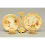 FIVE PIECES OF ROYAL WORCESTER BLUSH IVORY, comprising a trumpet shaped posy vase on a circular base