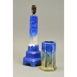 A RUSKIN POTTERY TABLE LAMP, the stepped hexagonal base rising to a tapered cylindrical stem, blue
