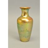 ZSOLNAY PECS, an iridescent gold baluster shaped vase with green striations, printed backstamp to