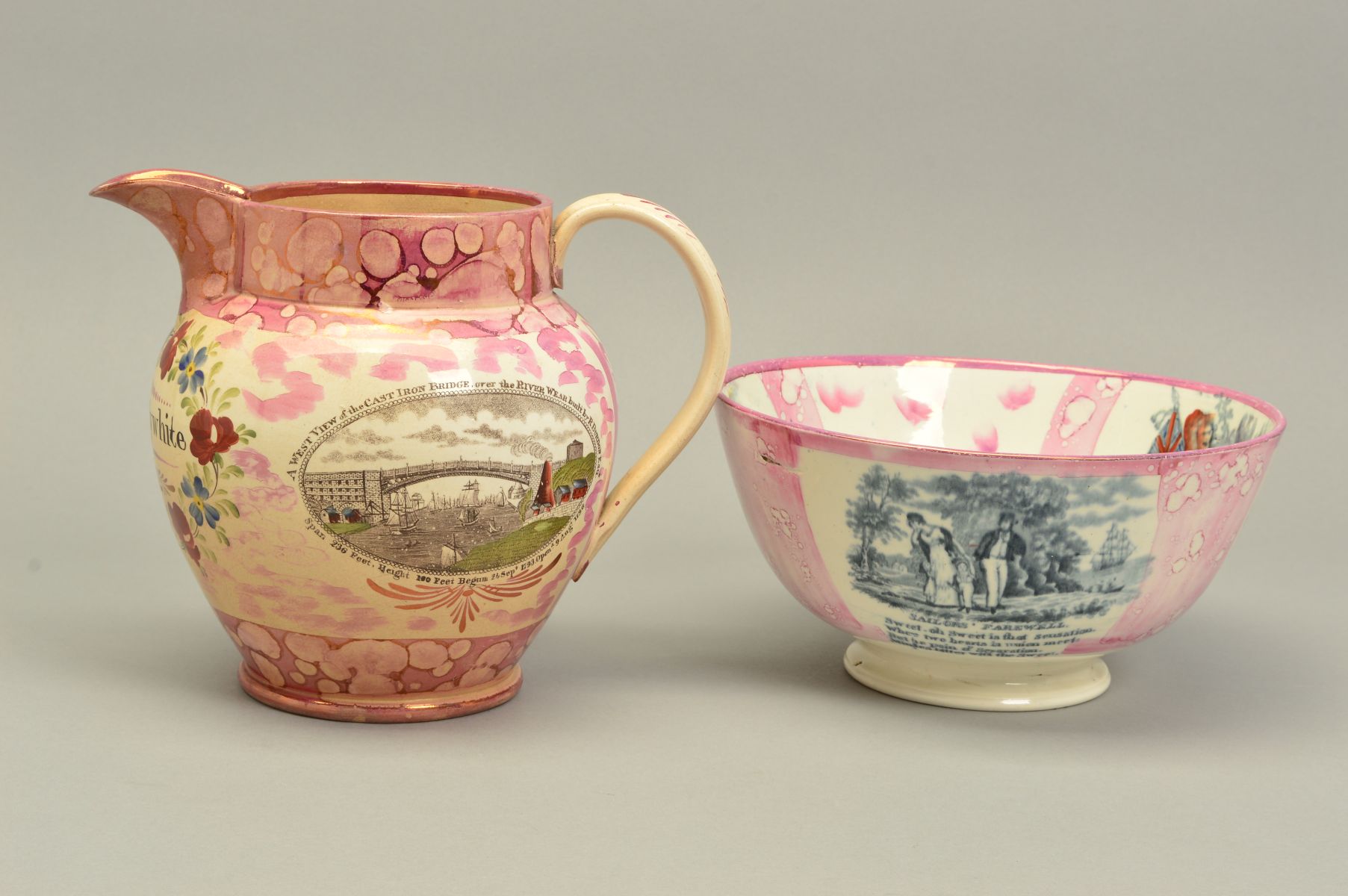 A EARLY VICTORIAN SUNDERLAND PINK LUSTRE JUG, printed and painted with a vignette and verse ' - Image 3 of 8