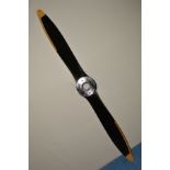 A LARGE WOODEN CONSTRUCTION AIRCRAFT PROPELLER, approximately 2.5 meters, painted in black, gold