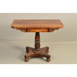 A WILLIAM IV ROSEWOOD FOLDOVER CARD TABLE, the rectangular top with rounded corners opening to