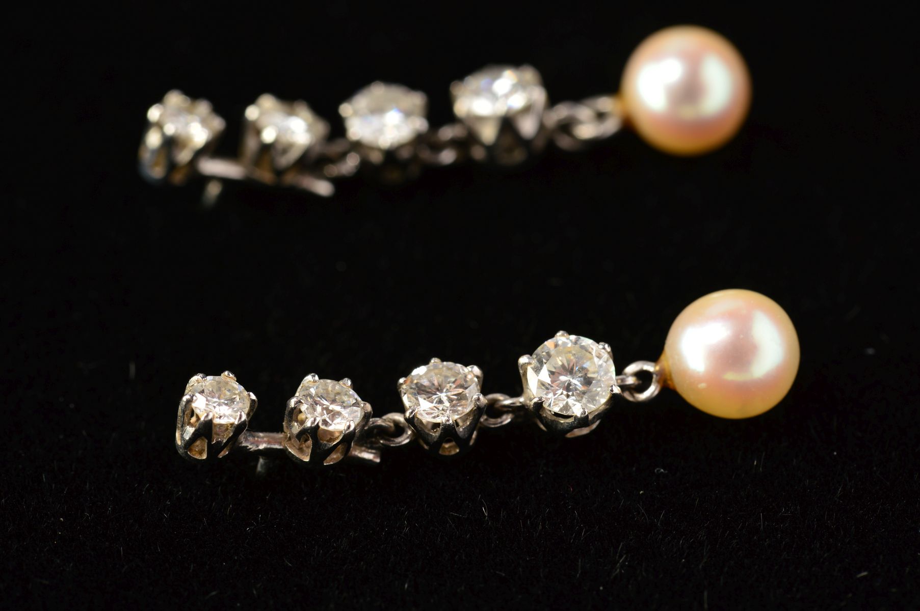 A PAIR OF MODERN DIAMOND AND CULTURED PEARL DROP EARRINGS, measuring approximately 28mm in length, - Image 4 of 4
