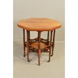 A LATE VICTORIAN ROSEWOOD OCTAGONAL OCCASIONAL TABLE, the base formed of eight reeded and spiral