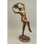 A MID 20TH CENTURY BRONZE OF A NUDE FEMALE DANCER WITH A TAMBOURINE, after Oscar Laurent De Beul (