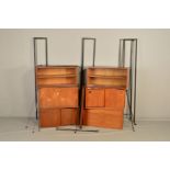 AN AVALON TEAK MODULAR THREE SECTION SHELVING SYSTEM, comprising of four metal uprights, chest of