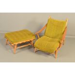 LUCIAN ERCOLANI FOR ERCOL, model 442, blonde elm and beech easy armchair and matching footstool,