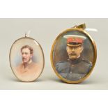 AN EARLY 20TH CENTURY OVER PAINTED PHOTOGRAPHIC PRINT ON IVORY OF AN OFFICER, oval, 7.1cm x 5.8cm,