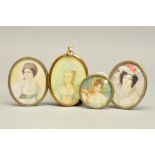 FOUR EARLY 20TH CENTURY PORTRAIT MINIATURES OF LATE 18TH AND 19TH CENTURY BEAUTIES, on ivory, two