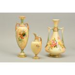 A ROYAL WORCESTER BLUSH IVORY TWIN HANDLED VASE, painted with sprays of wild and hedgerow flowers,