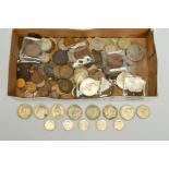 A TRAY OF MIXED COINAGE, to include two Canada bank tokens pennies 1840 and 1843, amounts of