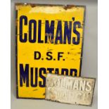 A COLMANS D.S.F. MUSTARD ENAMEL ADVERTISING SIGN, dark blue letters and border on yellow ground,