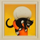 DOUG HYDE (BRITISH CONTEMPORARY), 'Mabel', a naive study of a figure holding a cat, signed lower