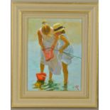 MARK ROWBOTHAM (BRITISH 1959), 'Two Girls', two female figures with a fishing net at the beach,