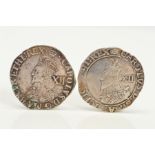A PAIR OF CHARLES I HAMMERED SILVER SHILLING COINS, 1635 mm Crown Tower Mint, 1636-8 mm tun, A/V.