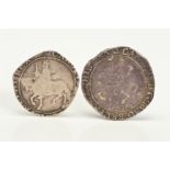 A PAIR OF CHARLES I HAMMERED SILVER HALFCROWNS, type 3a mm tun and Triangle, G (2)