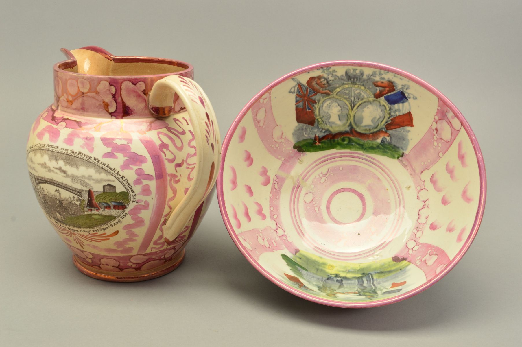 A EARLY VICTORIAN SUNDERLAND PINK LUSTRE JUG, printed and painted with a vignette and verse ' - Image 6 of 8