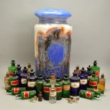 A COLLECTION OF TWENTY FOUR GREEN, BLUE AND CLEAR PHARMACY BOTTLES, variety of sizes and ages of
