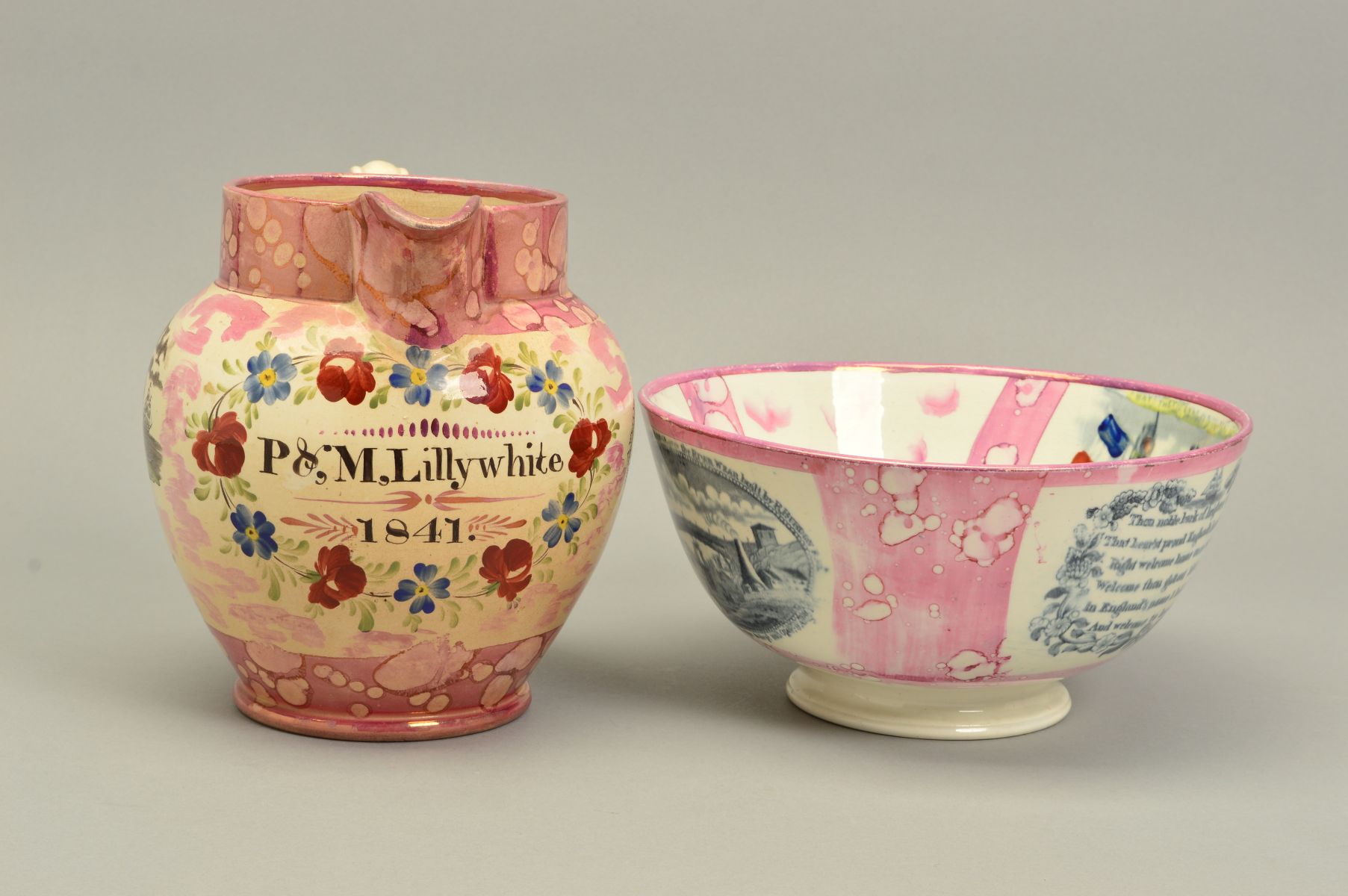 A EARLY VICTORIAN SUNDERLAND PINK LUSTRE JUG, printed and painted with a vignette and verse ' - Image 4 of 8