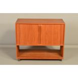 A TEAK 1960'S DOUBLE TAMBOUR DOOR RECORD CABINET, on casters, width 76.5cm x depth 37cm x height