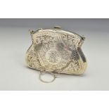 A GEORGE V SILVER PURSE, foliate engraved decoration with circular cartouche containing a