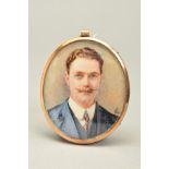 EARLY 20TH CENTURY ENGLISH SCHOOL PORTRAIT MINIATURE OF A GENTLEMAN, WITH WAXED MOUSTACHE, oval,