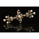 A VICTORIAN DIAMOND AND PEARL BROOCH, a fancy scroll bar, old European and rose cut diamonds