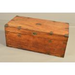 A 19TH CENTURY CAMPHORWOOD AND BRASS MOUNTED TRUNK, the rectangular top with flush fitting handle to