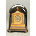 A LATE 19TH CENTURY GILT METAL MANTEL CLOCK OF ARCHITECTURAL FORM, urn shaped finial above a