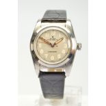A MID 20TH CENTURY ROLEX OYSTER PERPETUAL AUTOMATIC BUBBLE BACK WRISTWATCH, refinished silvered dial