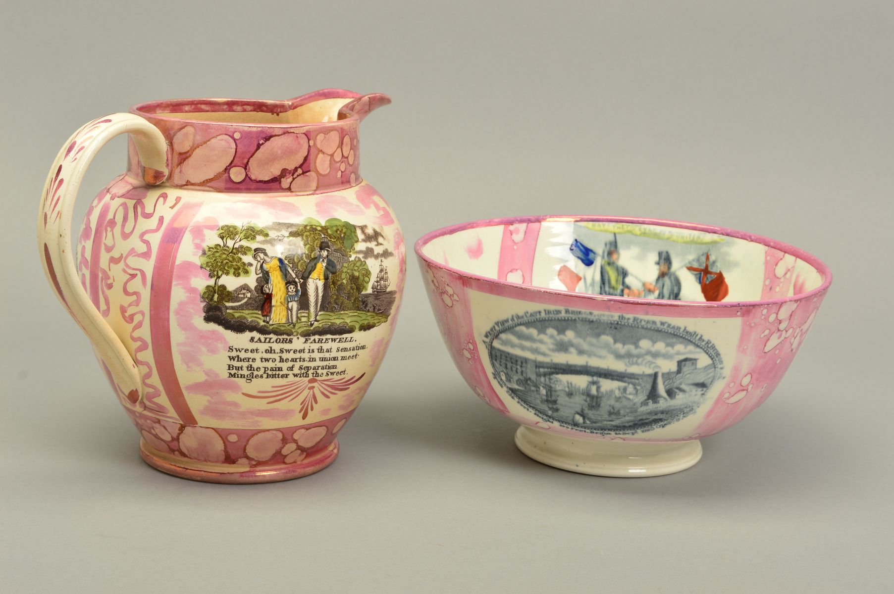A EARLY VICTORIAN SUNDERLAND PINK LUSTRE JUG, printed and painted with a vignette and verse ' - Image 2 of 8