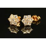 A PAIR OF MODERN DIAMOND ROUND CLUSTER STUD EARRINGS, post and scroll fittings, estimated modern