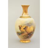A ROYAL WORCESTER BUD VASE OF BALUSTER FORM PAINTED WITH TWO HIGHLAND SHEEP BY ERNEST BARKER, gilt