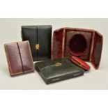FIVE LEATHER BOUND CASES FOR MINIATURE PORTRAITS, four with double flaps to hold oval frames and the