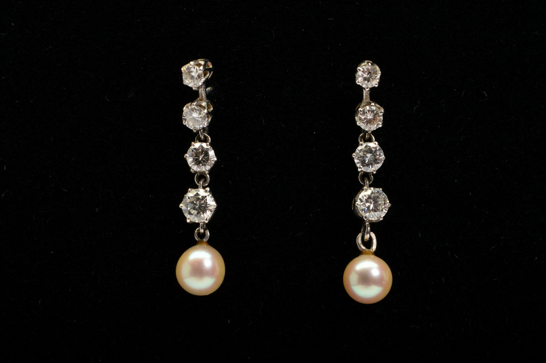 A PAIR OF MODERN DIAMOND AND CULTURED PEARL DROP EARRINGS, measuring approximately 28mm in length, - Image 3 of 4