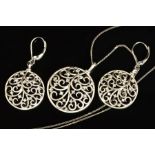 A MODERN 9CT WHITE GOLD DIAMOND PENDANT AND EARRING SET, comprised of circular open scroll work