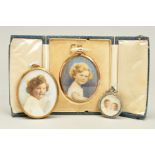 AN EASEL BACK CASED FIRST HALF 20TH CENTURY OVAL PORTRAIT MINIATURE OF A FAIR HAIRED CHILD, an