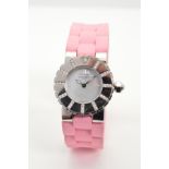 A LADIES STAINLESS STEEL CHAUMET RUBBER STRAP WRISTWATCH, mother of pearl dial with diamond dot