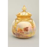 A ROYAL WORCESTER POT POURRI AND COVER DECORATED WITH HIGHLAND CATTLE BY HARRY STINTON, the cover