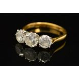 A MODERN 18CT GOLD THREE STONE DIAMOND RING, estimated modern round brilliant cut total diamond