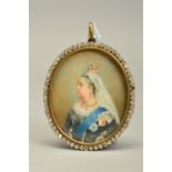 A LATE 19TH CENTURY ENGLISH SCHOOL PORTRAIT MINIATURE OF QUEEN VICTORIA, on ivory, oval, in a gilt