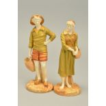 A PAIR OF ROYAL WORCESTER FIGURES OF FRENCH FISHERMAN AND WOMAN, model No.1202 to both, ivory skin