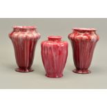 THREE PILKINGTONS LANCASTRIAN VASES, comprising a pair of lobed vases, pattern No.2822, dated