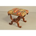 AN EARLY VICTORIAN ROSEWOOD STOOL, the rectangular top with later Gothic style tapestry