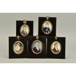 FOUR EARLY 19TH CENTURY ENGLISH SCHOOL PORTRAIT MINIATURES, on ivory, comprising a lady in Empire