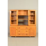 AN ERCOL BLONDE ELM WINDSOR SIDEBOARD/BOOKCASE, model 455D, the top section flanked by two glazed