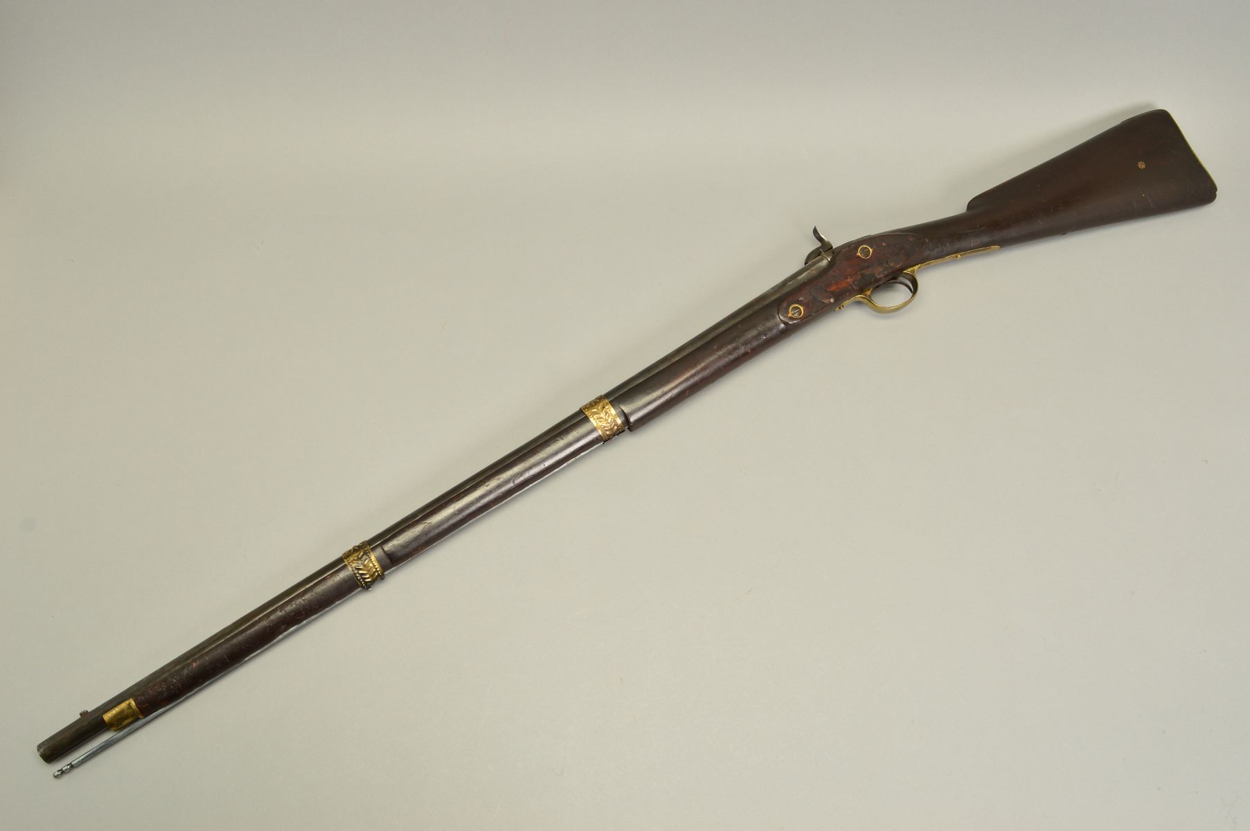 A 15 BORE 2 BAND PERCUSSION SINGLE BARREL MILITARY PATTERN MUSKET, the lock lacks the normal arsenal