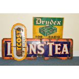 A LYONS TEA ENAMEL ADVERTISING SIGN, white lettering with orange border on blue background with